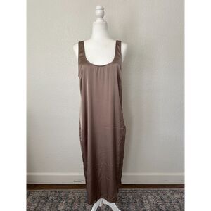 Abercrombie & Fitch Slip Dress Women Medium Taupe Tan Satin Midi Sleeveless Slit